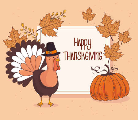 happy thanksgiving celebration lettering card with turkey pumpkin fruit vector illustration designのイラスト素材