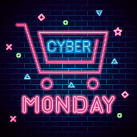 cyber monday with cart neon design on bricks background, sale offer ecommerce shopping online theme Vector illustrationのイラスト素材