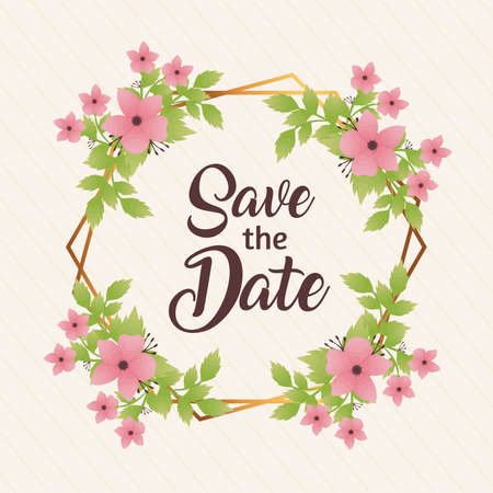 wedding invitation with save the date lettering and flowers pink in circular frame vector illustration designのイラスト素材