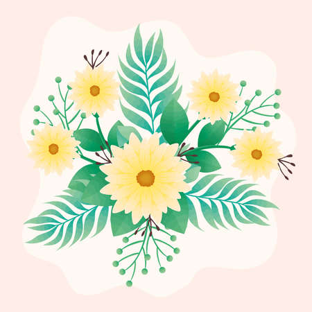 beautiful yellow flowers and leafs green decorative icon vector illustration designのイラスト素材