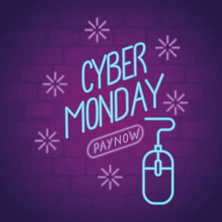 cyber monday neon lettering with mouse vector illustration designのイラスト素材