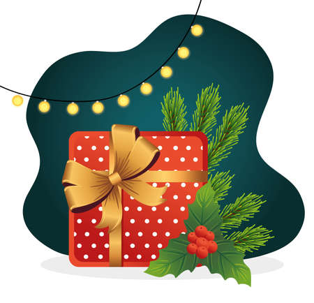 happy merry christmas card with gift and leafs vector illustration designのイラスト素材