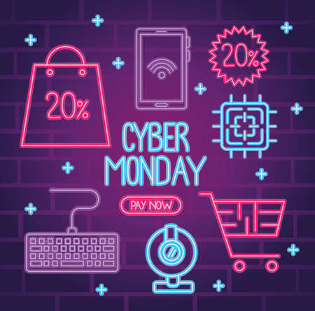 cyber monday neon lettering with bundle icons vector illustration designのイラスト素材
