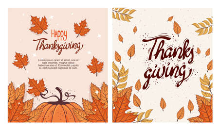 happy thanksgiving celebration lettering card with pumpkin and autumn leafs vector illustration designのイラスト素材