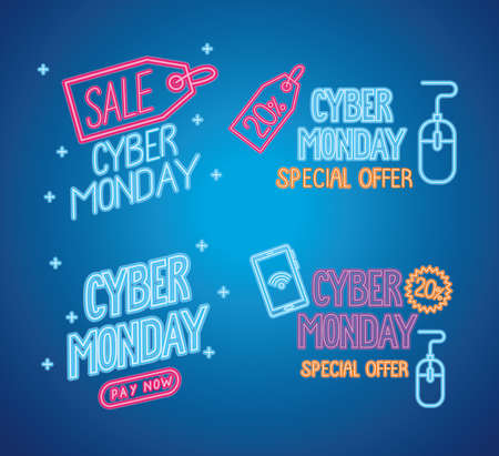 cyber monday neon letterings in blue background vector illustration designのイラスト素材