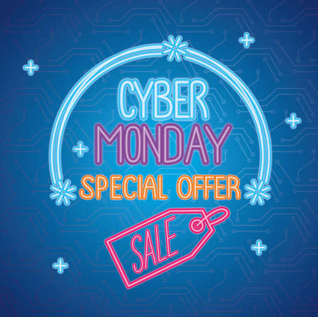 cyber monday neon lettering with sale in tag vector illustration designのイラスト素材