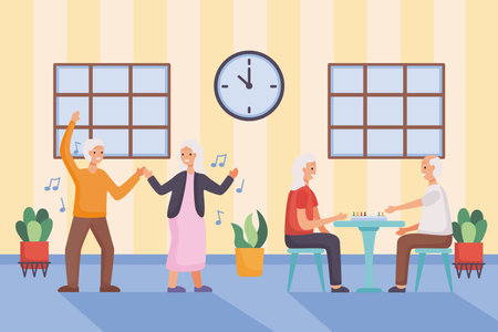 active seniors couples dancing and playing ludo characters vector illustration designのイラスト素材