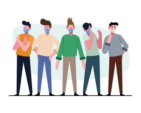 young men group wearing medical masks characters vector illustration designのイラスト素材