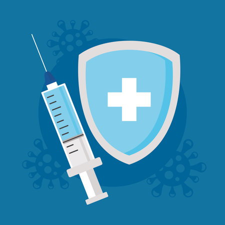 covid19 vaccine hope poster with syringe and shield vector illustration designのイラスト素材