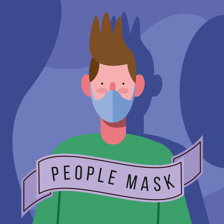 young man wearing medical mask protection in blue background vector illustration designのイラスト素材