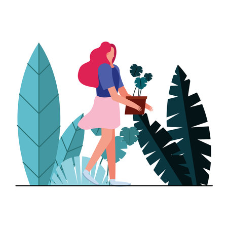 young woman lifting plant in the garden character vector illustration designのイラスト素材