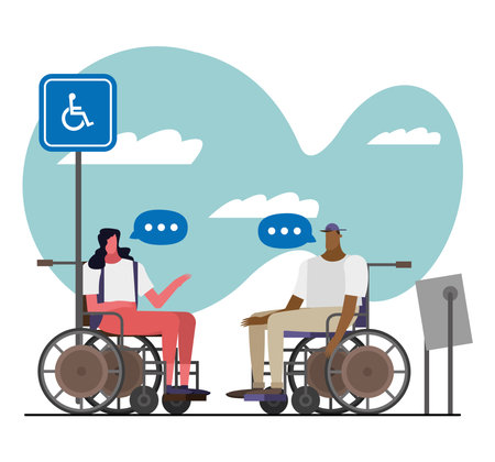 couple in wheelchairs disable characters vector illustration designのイラスト素材