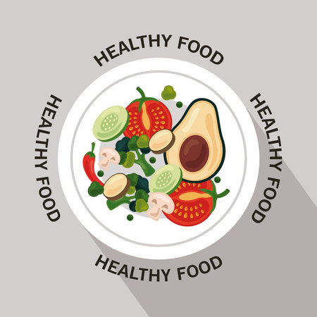 fresh fruits and vegetables healthy food circular frame with lettering around vector illustration designのイラスト素材