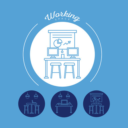 bundle of four workers avatars coworking line style icons in blue background vector illustration designのイラスト素材