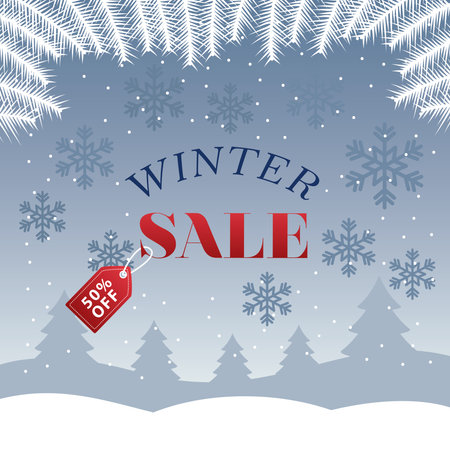 big winter sale poster with tag hanging in forest scape scene vector illustration designのイラスト素材