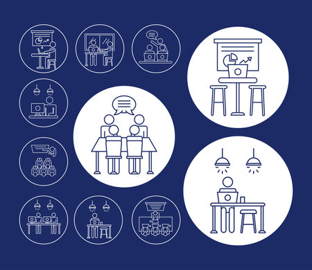 bundle of workers avatars coworking line style icons in blue background vector illustration designのイラスト素材