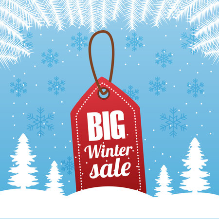 big winter sale poster with tag hanging in forest scape vector illustration designのイラスト素材
