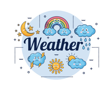 kawaii weather comic set characters and lettering vector illustration designのイラスト素材