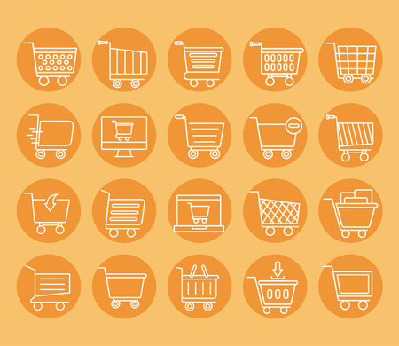 bundle of twenty shopping carts line style icons vector illustration designのイラスト素材