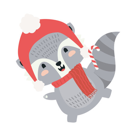 cute raccoon wearing christmas clothes character vector illustration designのイラスト素材