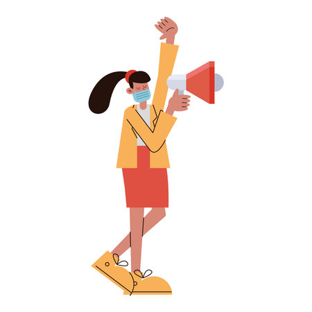 woman wearing medical mask with megaphone vector illustration designのイラスト素材
