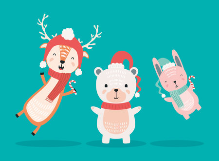 reindeer with polar bear and rabbit wearing christmas clothes characters vector illustration designのイラスト素材