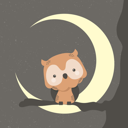 cute owl animal in crescent moon comic character vector illustration designのイラスト素材