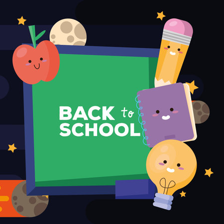 back to school lettering poster in chalkboard and supplies vector illustration designのイラスト素材