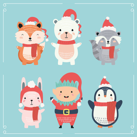 cute animal wearing christmas clothes characters vector illustration designのイラスト素材