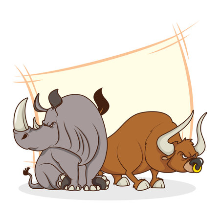 cute rhino and bull comic cartoon characters vector illustration designのイラスト素材