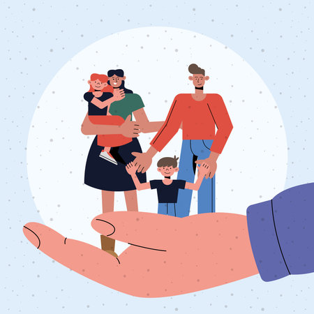 Family protection of mother father daughter and son on hand design, Insurance health care and security theme Vector illustrationのイラスト素材
