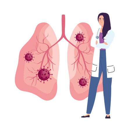 female doctor with covid19 virus particles in lungs vector illustration designのイラスト素材