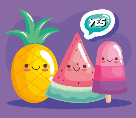 cute pineapple with watermelon and ice cream stickers characters vector illustration designのイラスト素材