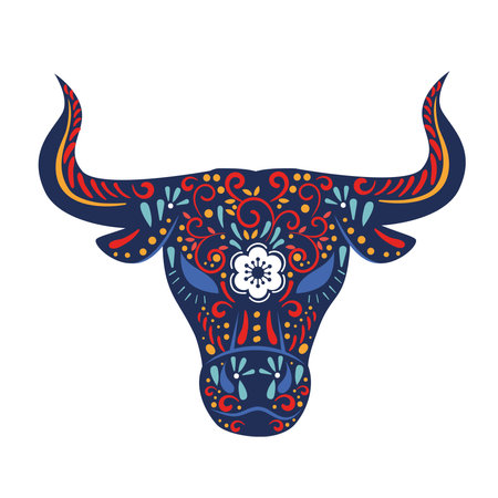 chinese new year card with floral pattern in head ox vector illustration designのイラスト素材