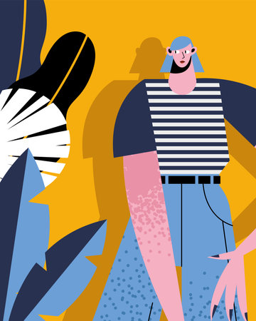 woman cartoon with striped tshirt on leaves background design, Girl female person people human and social media theme Vector illustrationのイラスト素材