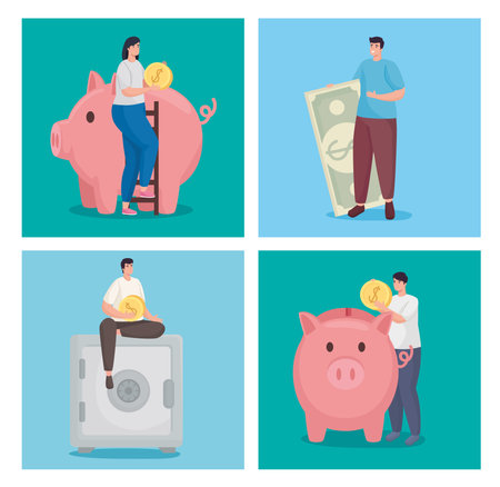 Save money and people with coins symbol collection of financial business banking commerce and market theme Vector illustrationのイラスト素材