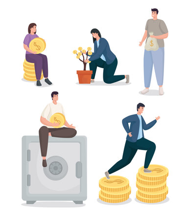Save money and people with coins icon set of financial business banking commerce and market theme Vector illustrationのイラスト素材