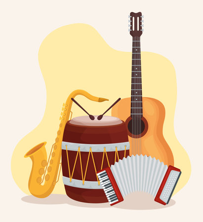 Guitar drum saxophone and accordion instrument design, Music sound melody and song theme Vector illustrationのイラスト素材