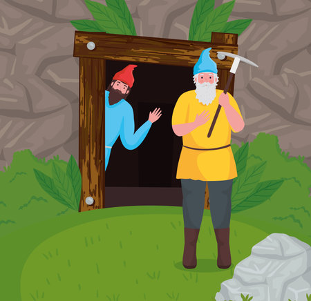 Fairytale dwarfs cartoons at forest design, Fantasy magic and medieval theme Vector illustrationのイラスト素材