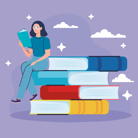 woman wearing eyeglasses reading text book seated in books vector illustration designのイラスト素材