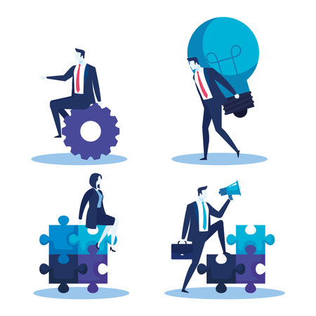 elegant business people with bulb and puzzle pieces vector illustration designのイラスト素材