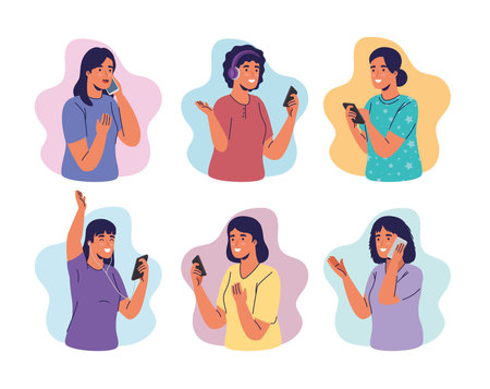 group of women using smartphones characters vector illustration designのイラスト素材