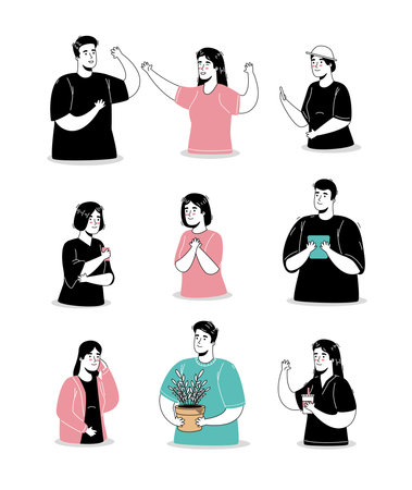 group of nine persons doing activities vector illustration designのイラスト素材