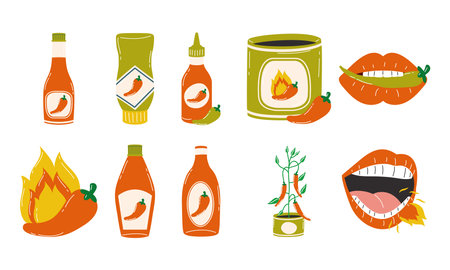 Hot chili pepper sauces symbol collection design of spicy vegetable and food theme Vector illustrationのイラスト素材