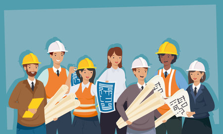 Architects and engineers people with helmets and plans design of construction remodeling and working theme Vector illustrationのイラスト素材