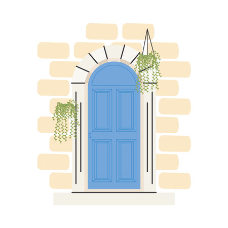 blue front door with plants hanging design, House home entrance decoration building theme Vector illustrationのイラスト素材