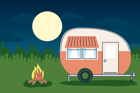 Camper trailer at forest landscape at night design of caravan trip camp adventure transportation and travel theme Vector illustrationのイラスト素材
