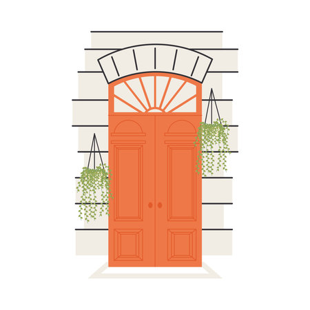 orange front door with plants hanging design, House home entrance decoration building theme Vector illustrationのイラスト素材