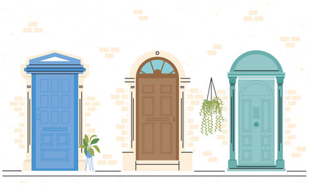 front doors with plants icon bundle design, House home entrance decoration building theme Vector illustrationのイラスト素材