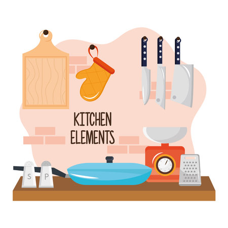kitchen utensils in wooden table and cutleries vector illustration designのイラスト素材